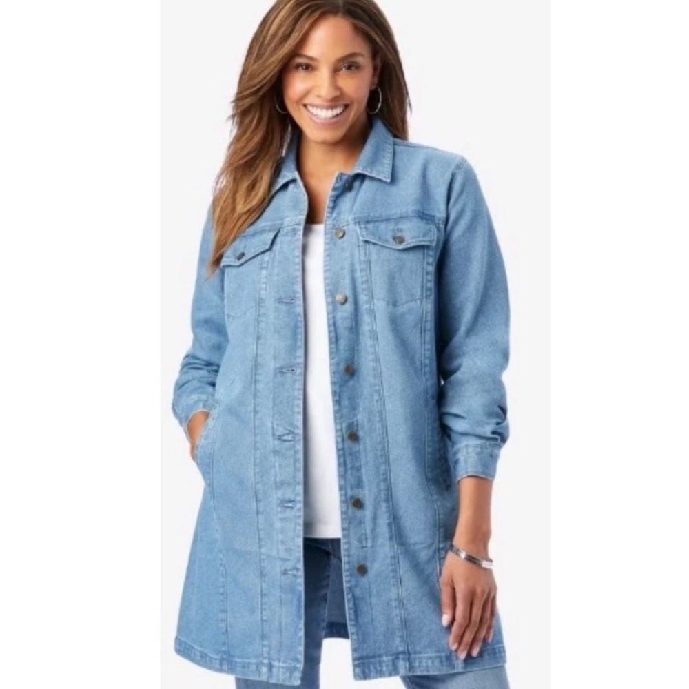 Jessica London Womens 36W Light Wash Denim Jacket Longline Button Front Cotton